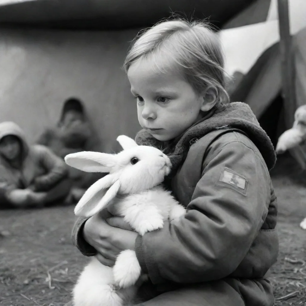 aiartstation art a young swedish space soldier playing with an anthropomorphic furry rabbit baby in a refugee camp. confident engaging wow 3