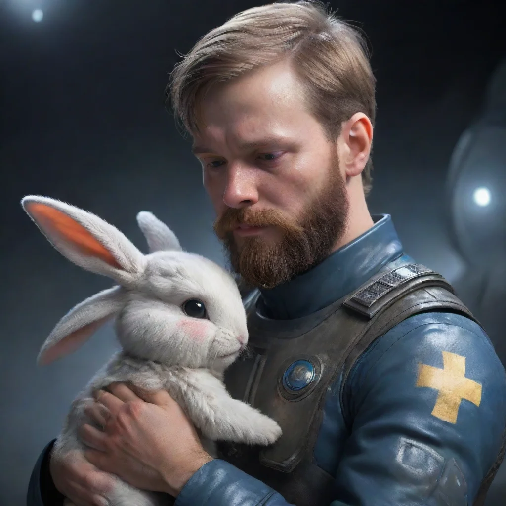 aiartstation art a young swedish space soldier with a beard comforting a crying alien baby bunny. confident engaging wow 3