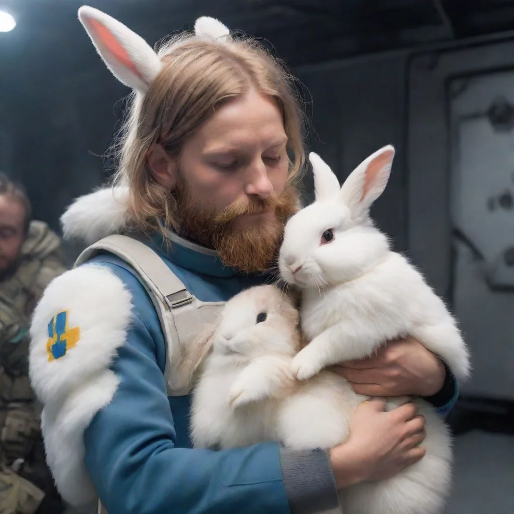 aiartstation art a young swedish space soldier with beard comforting a anthrop furry bunny woman and her bunny baby.omorphic confident engaging wow 3