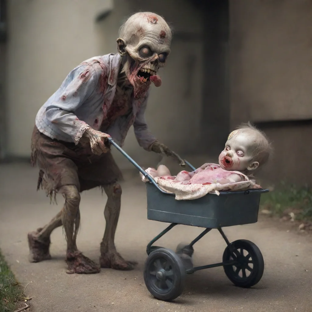 aiartstation art a zombie pushing a newborn baby with a pacifier in a buggy confident engaging wow 3