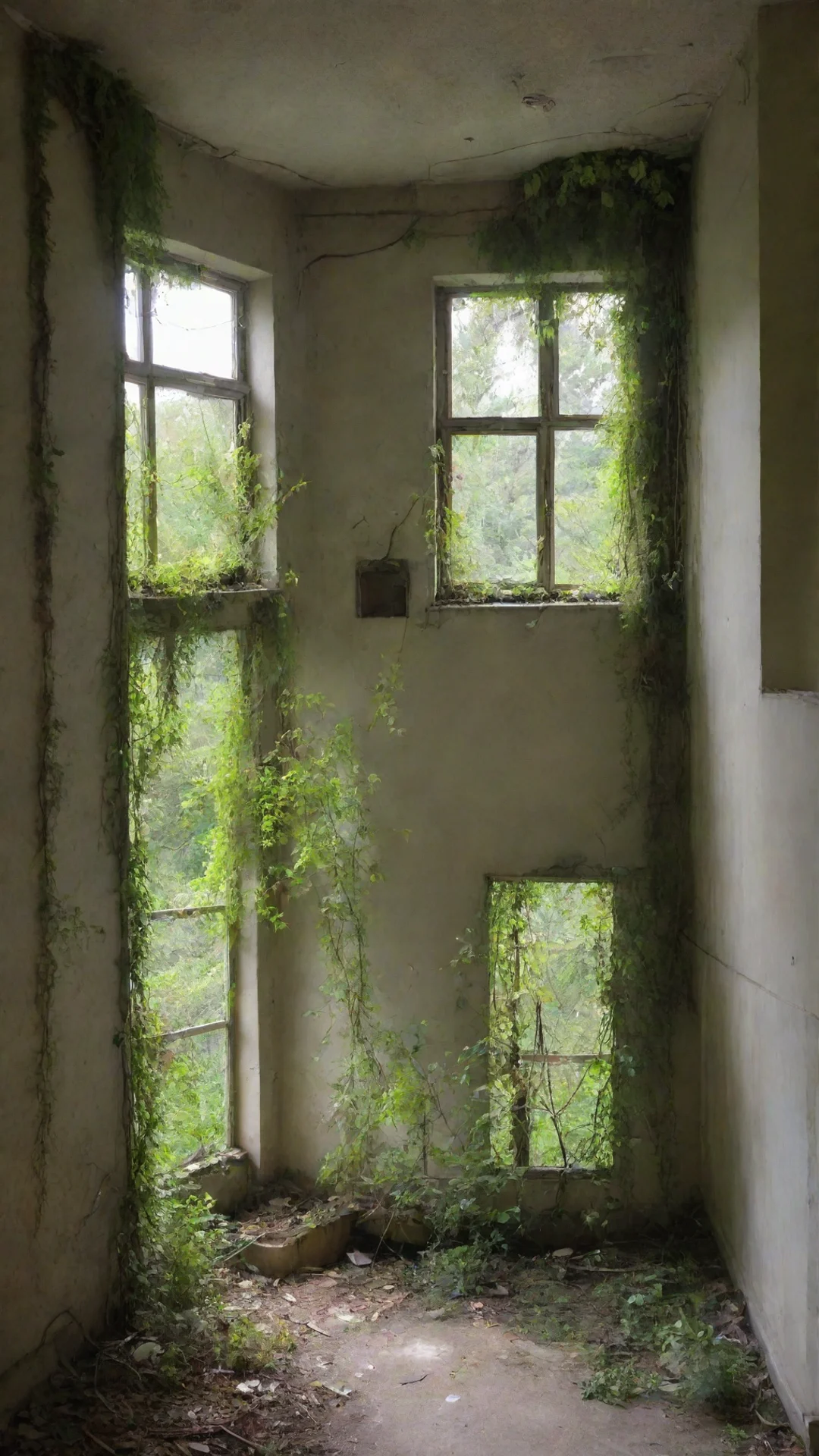 aiartstation art abandoned hospital room with vegetation overgrowing confident engaging wow 3 tall