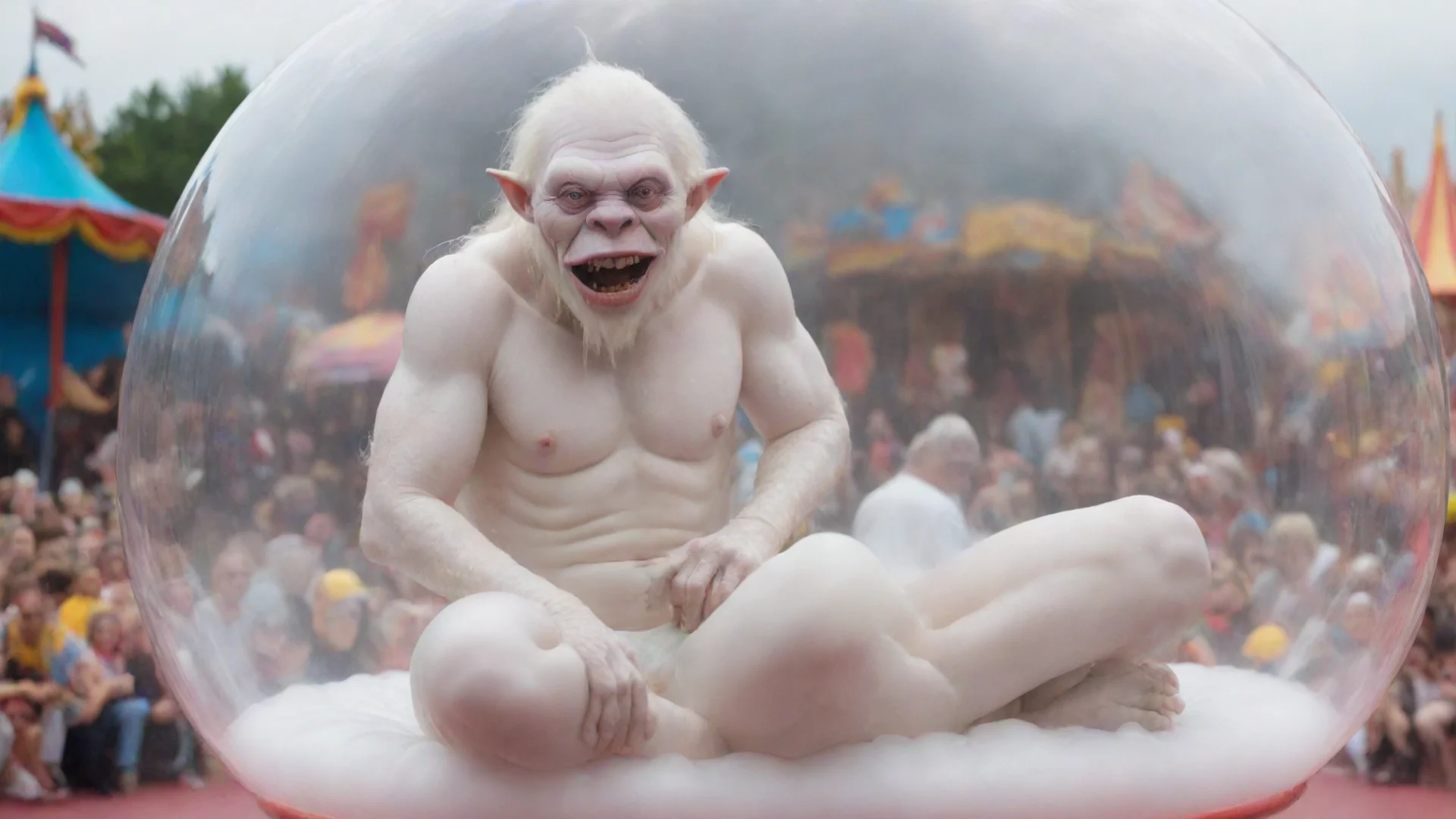 aiartstation art albino half ork sitting inside a bubble floating over a carnival in a cle confident engaging wow 3 wide