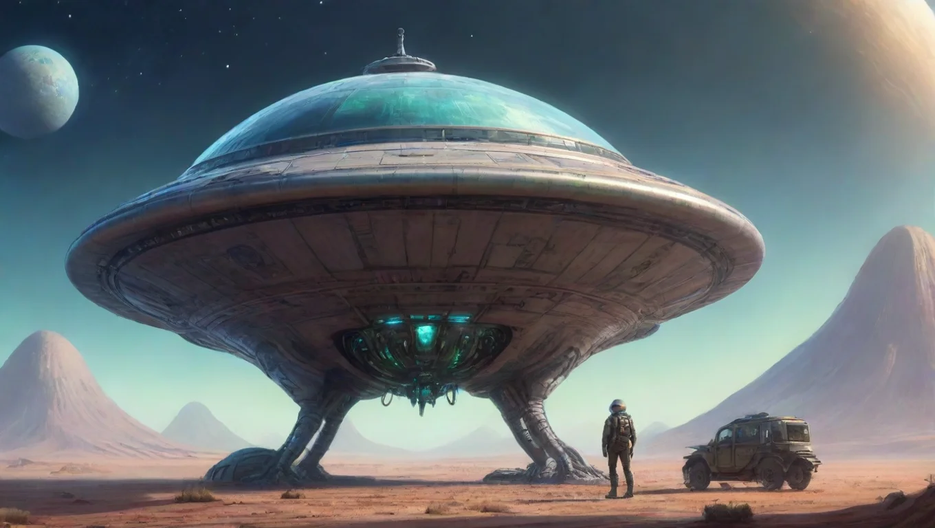 aiartstation art alien next to 4m wide personal craft two aliens leaning on his ufo dome spaceship shaped artstation drawing colored confident engaging wow 3 widescreen