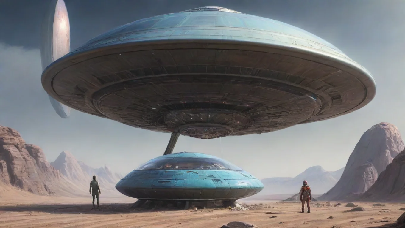 aiartstation art alien next to 4m wide personal craft ufo and alien leaning on his ufo dome spaceship shaped artstation drawing colored confident engaging wow 3 widescreen