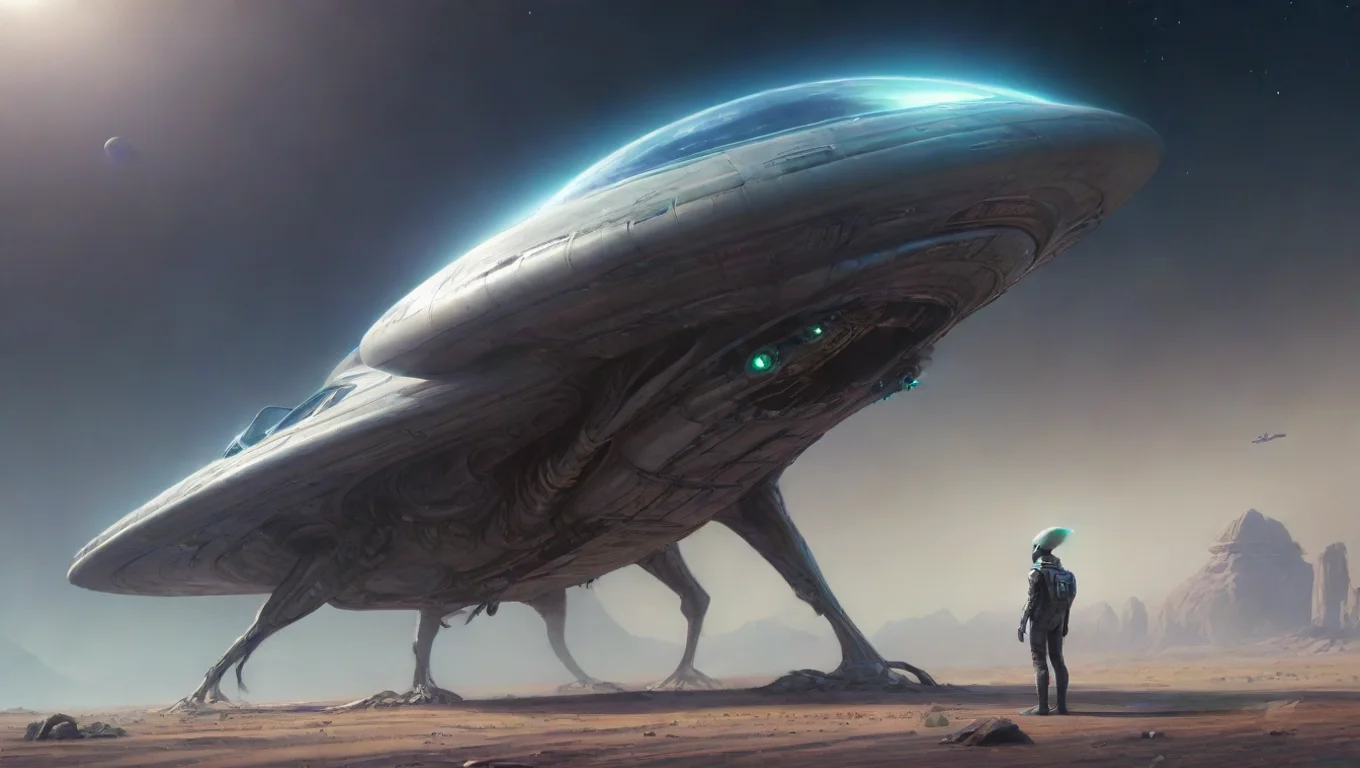aiartstation art alien next to 4m wide personal craft ufo and alien leaning on his ufo spaceship shaped smile hi wow artstation drawing colored confident engaging wow 3 widescreen