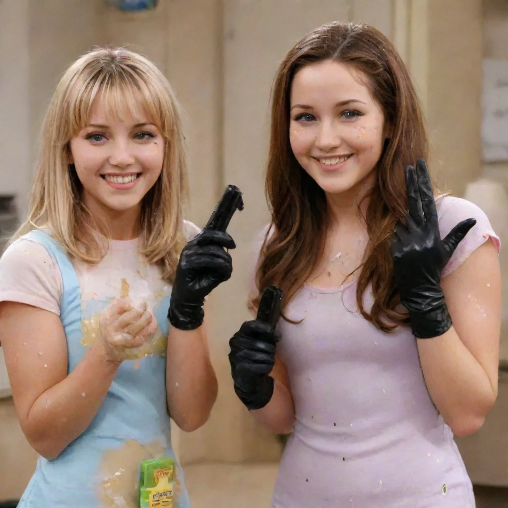 aiartstation art amanda bynes and penelope taynt from the amanda show smiling  with black nitrile gloves and gun and mayonnaise splattered everywhere confident engaging wow 3