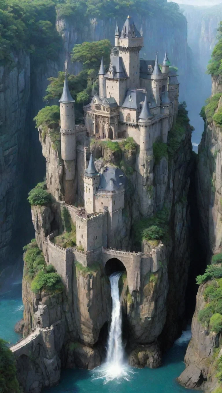 aiartstation art amazing castle with cliffs and moat waterfall ghibli wow confident engaging wow 3 tall