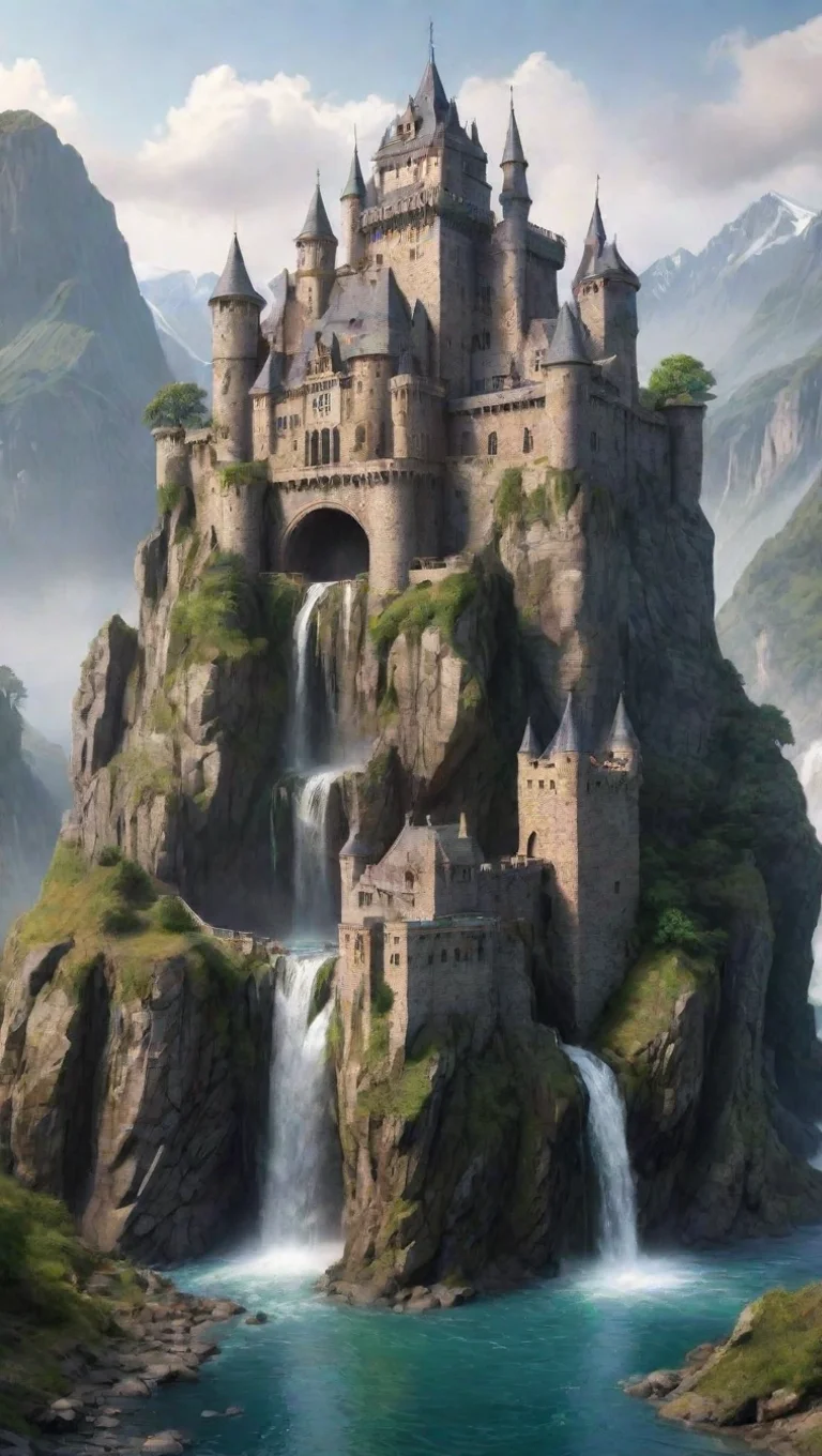 aiartstation art amazing castle with cliffs and moat waterfall realistic  confident engaging wow 3 tall