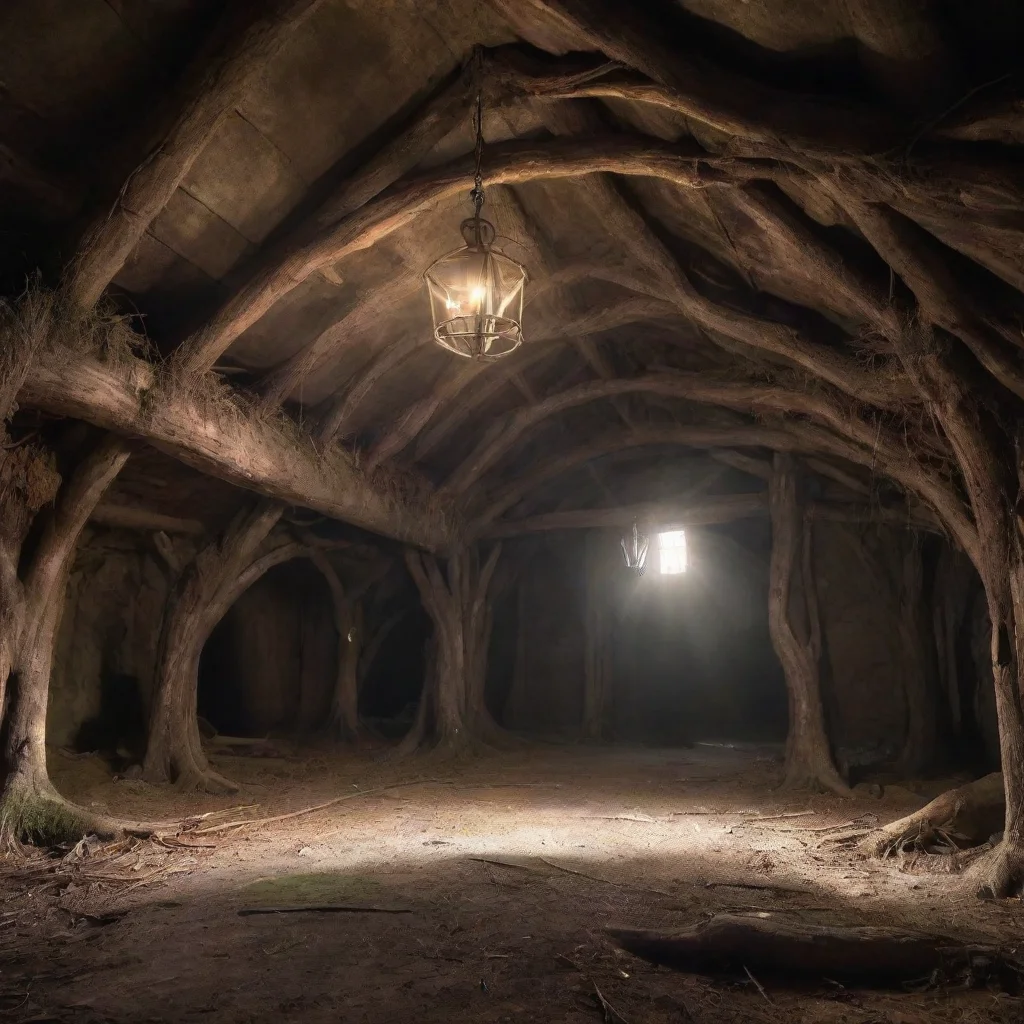 aiartstation art an abandoned fantasy medieval inside of a big hut underground with roots in the ceiling light streams into a dark room t confident engaging wow 3