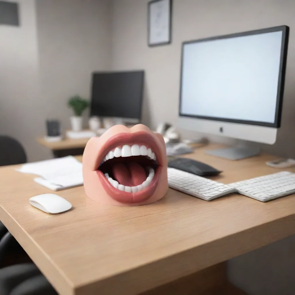 artstation art an office desk with mouth that talks to a person on a sad office ambient. realistic confident engaging wow 3