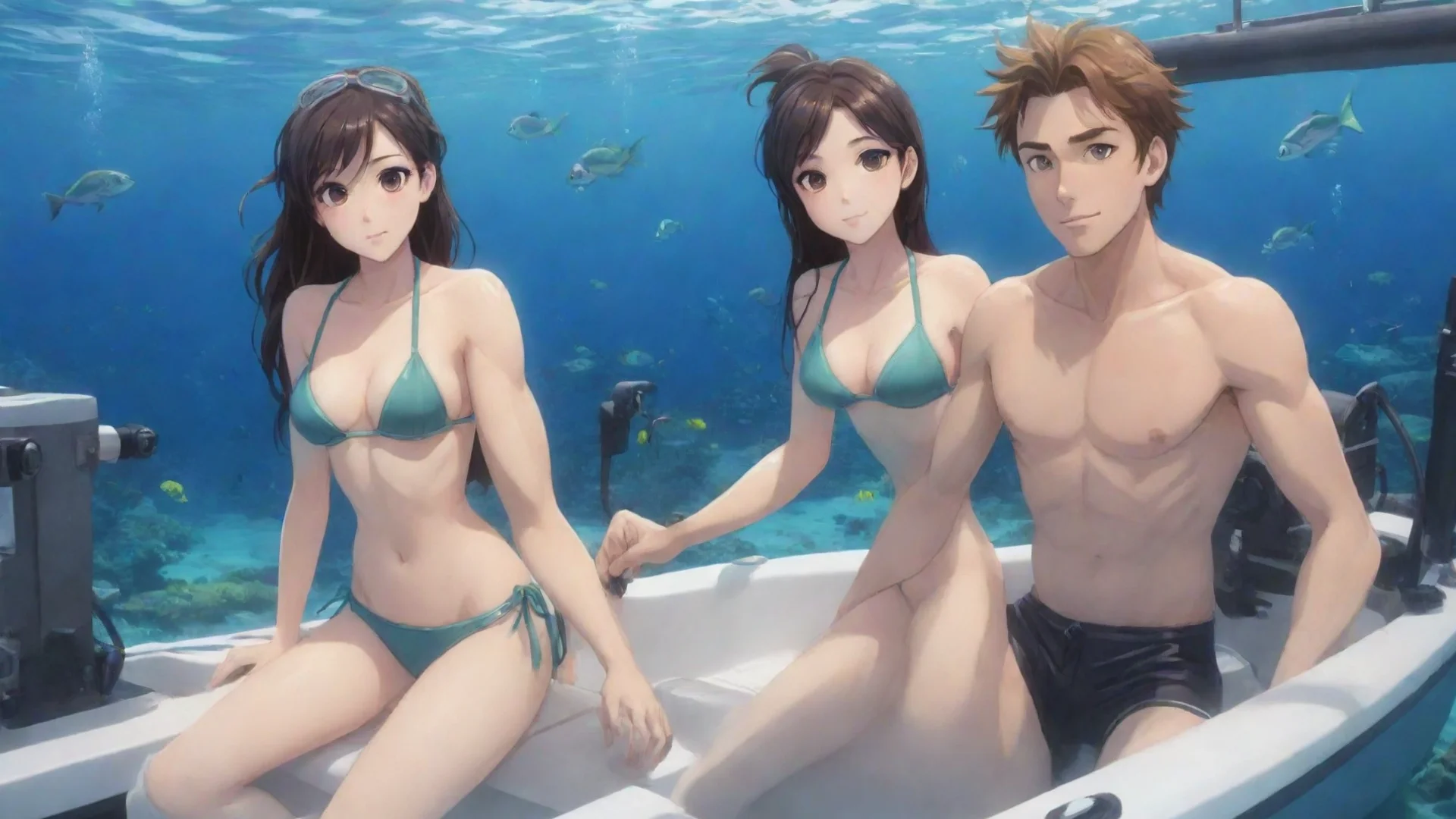 aiartstation art anime cartoon girl in bikini with her boyfriend in a boat scuba getting ready to scuba dive confident engaging wow 3 hdwidescreen