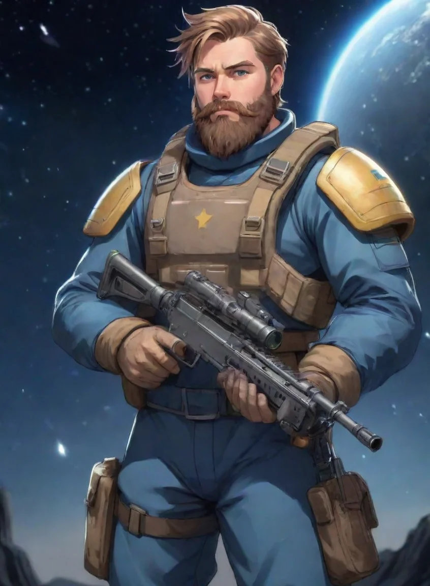 aiartstation art anime cartoon young bearded swedish space soldier man with rifle hd confident engaging wow 3 portrait43