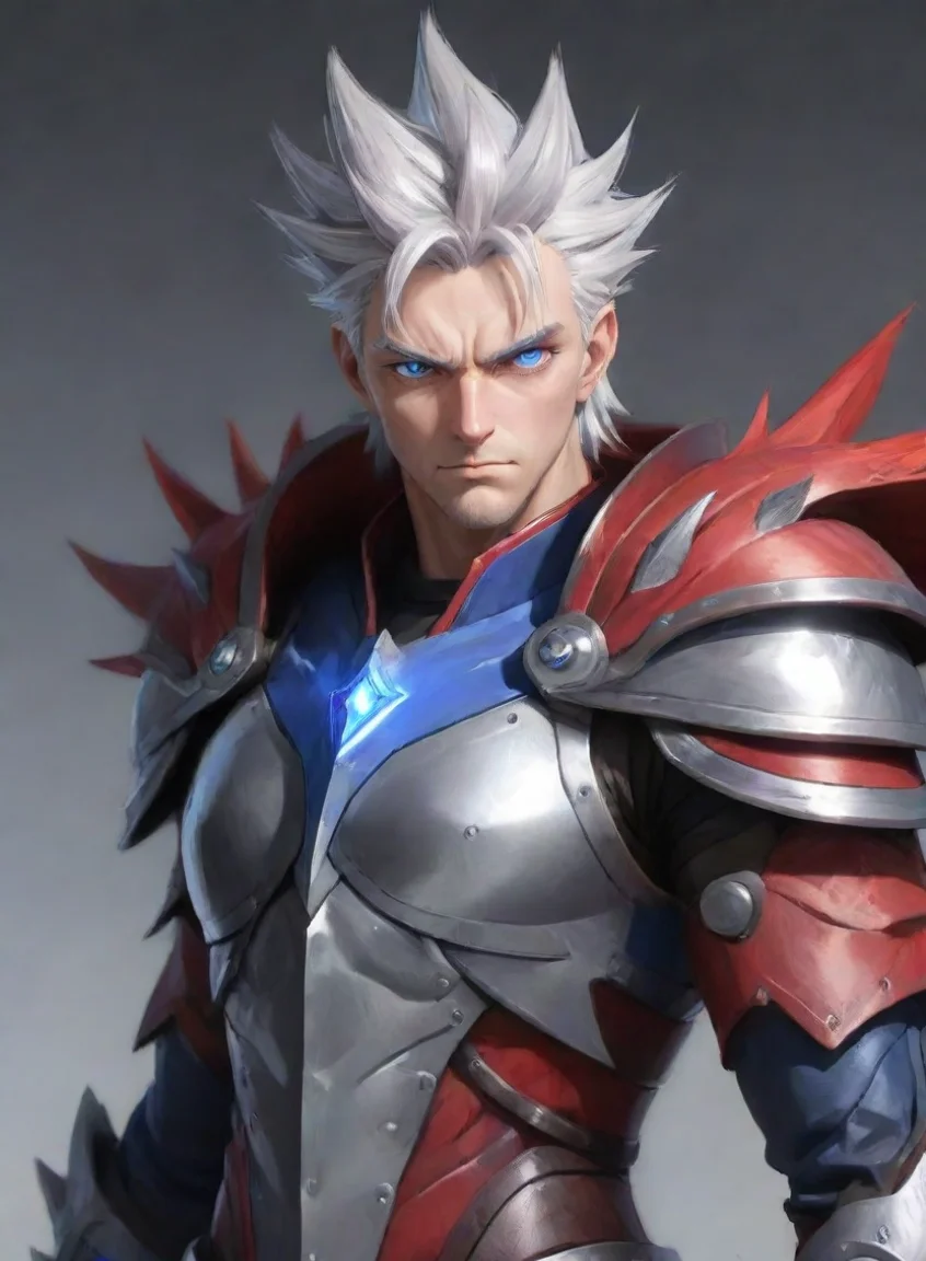 aiartstation art anime character hd grey hair colorful red armor blue eyes spiky hair epic male character masuline hero art artstation hd confident engaging wow 3 portrait43