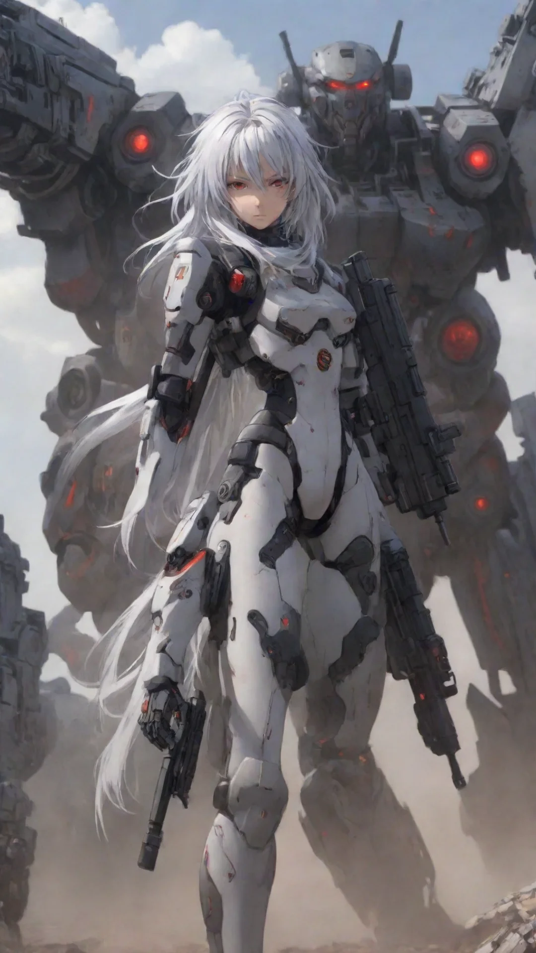 aiartstation art anime girl silver hair red eyes mecha pilot with carbine standing in war zone confident engaging wow 3 tall