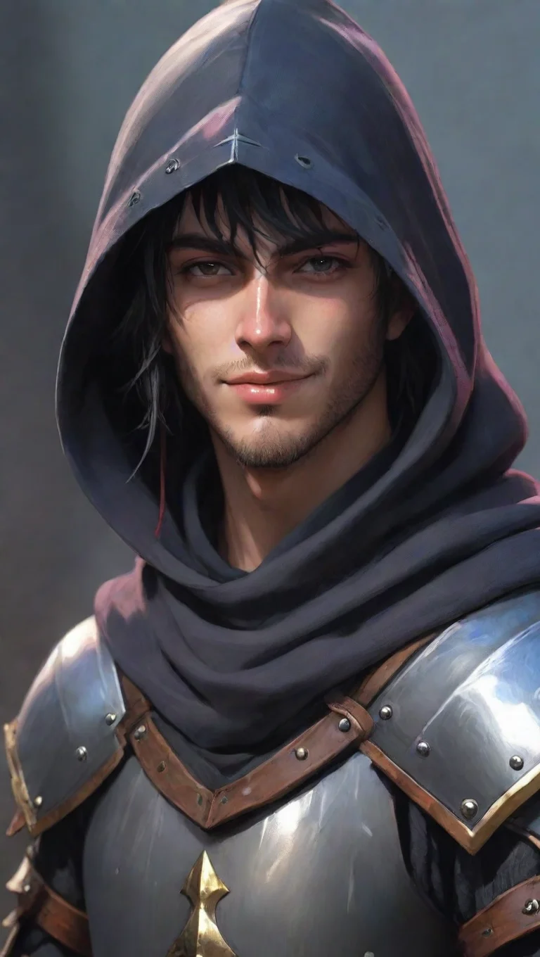 aiartstation art anime hooded knight fantasy art punk knight colorful realistic hd world aesthetic kind smile seductive male knight outlaw best quality artstation confident engaging wow 3 tall