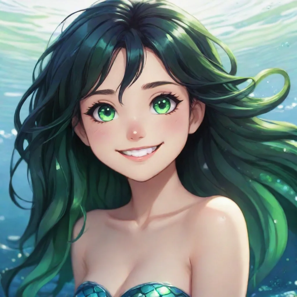 aiartstation art anime mermaid with black hair and green eyes smiling confident engaging wow 3