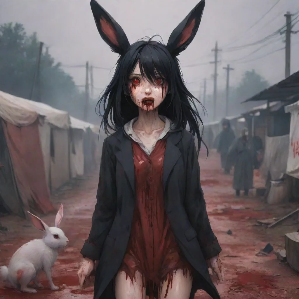 aiartstation art anime style scared anthropomorphic rabbit woman black haired bloody refugee camp confident engaging wow 3