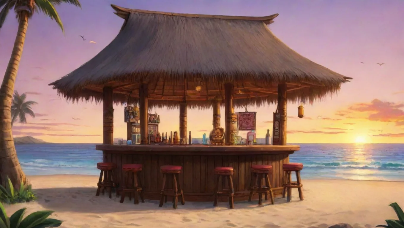 aiartstation art anime tiki bar by the beach at sunset confident engaging wow 3 widescreen