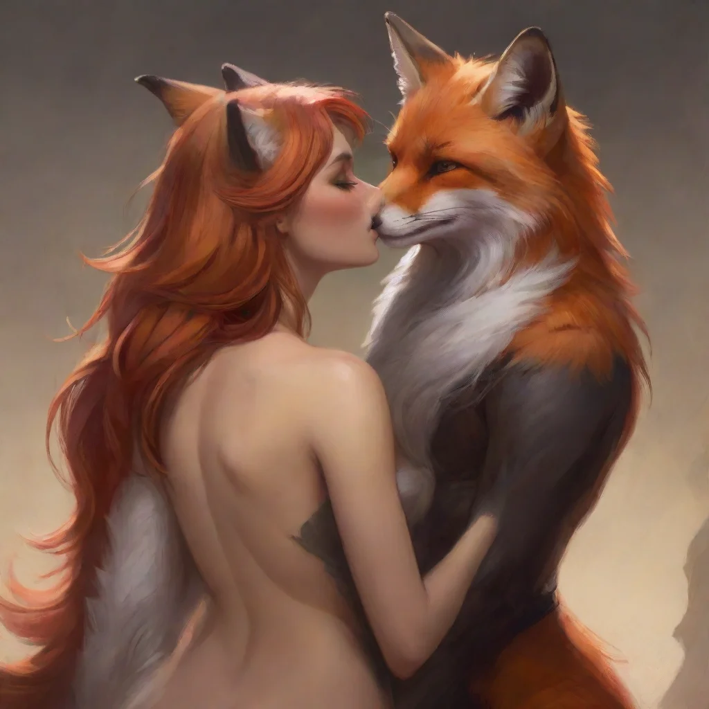 aiartstation art antropomorphic female fox kissing male human confident engaging wow 3