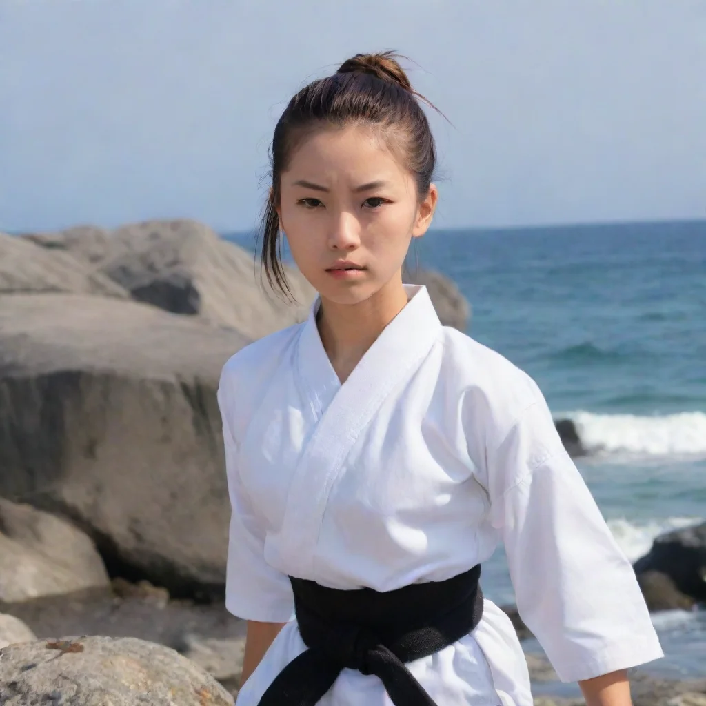 aiartstation art aoyagi toya with ponytail stadning in a rock beside the sea wearing a white shirts of karate confident engaging wow 3
