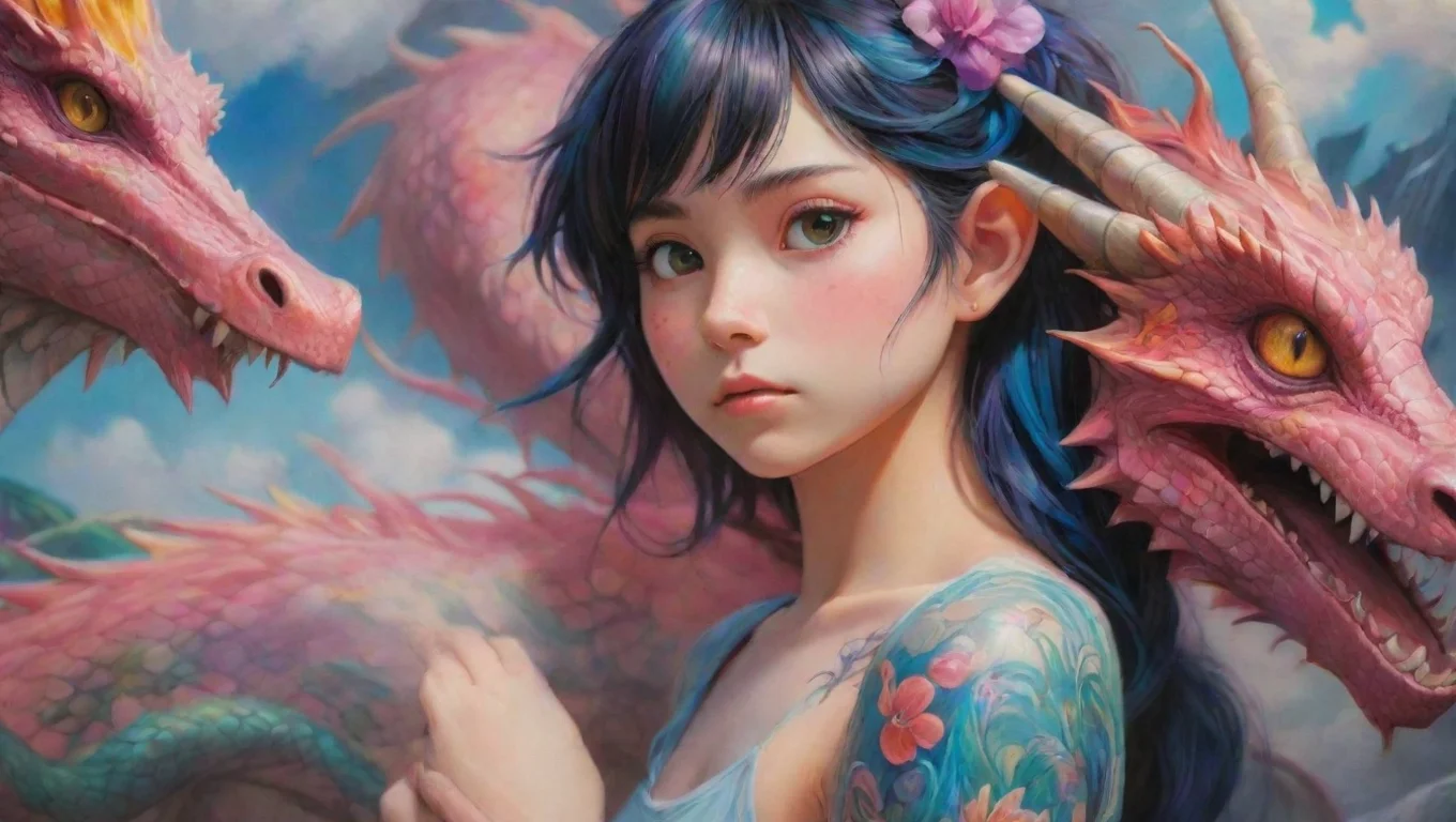 aiartstation art artistic realistic dragon with a tatoo of a girl colorful wonderland detail anime  ghibli bright confident engaging wow 3 widescreen