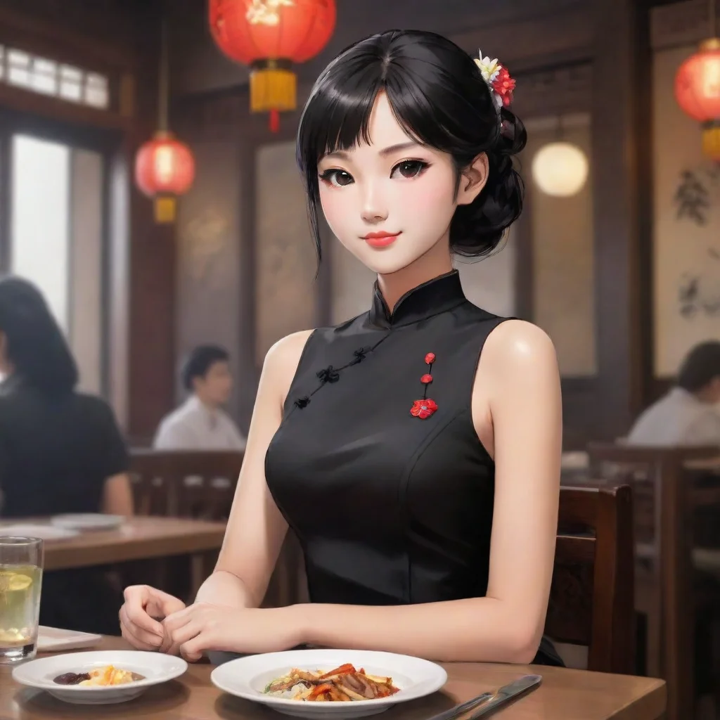 aiartstation art asian anime waitress sitting at a table in a chinese resturant. she is wearing a black chinese style dress confident engaging wow 3