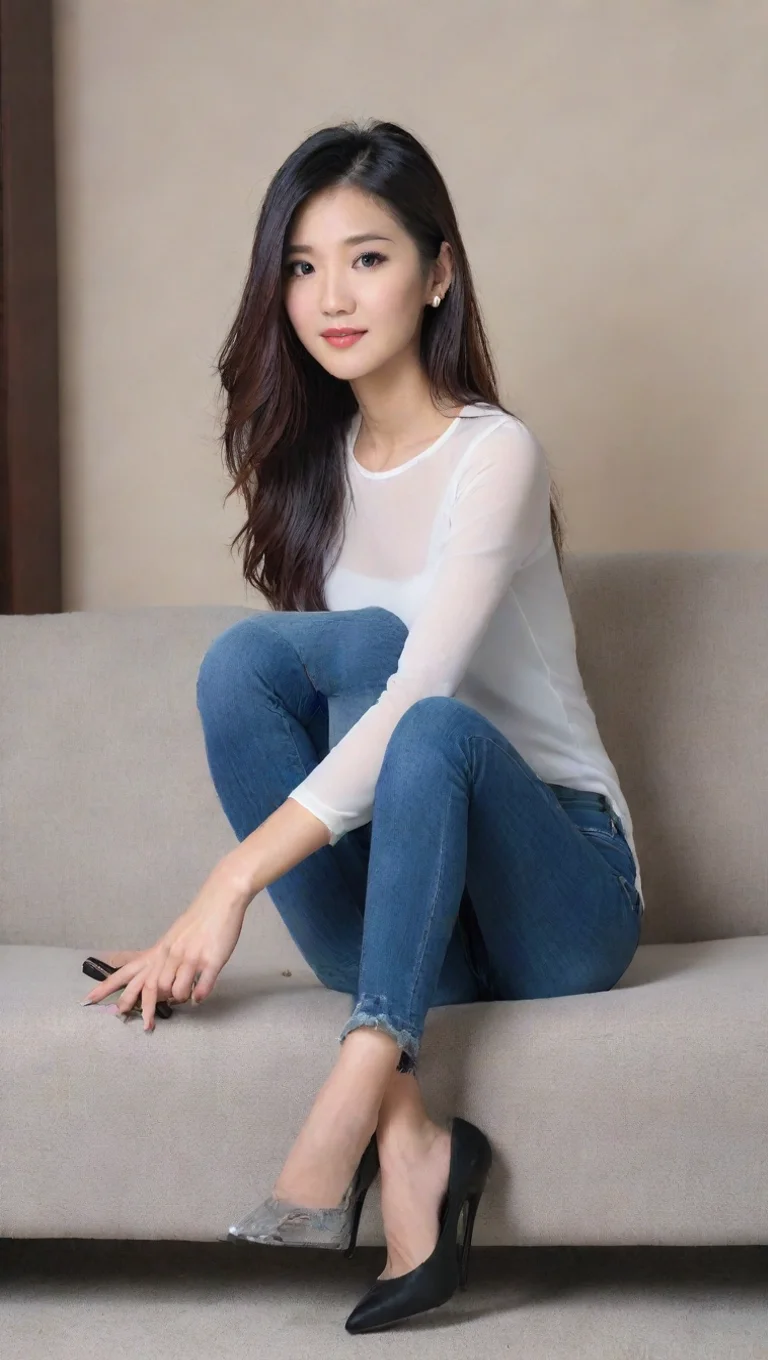 aiartstation art asian beauty 30 years old skinny jeans white semi transparent top black high heels long hair sofa confident engaging wow 3 tall
