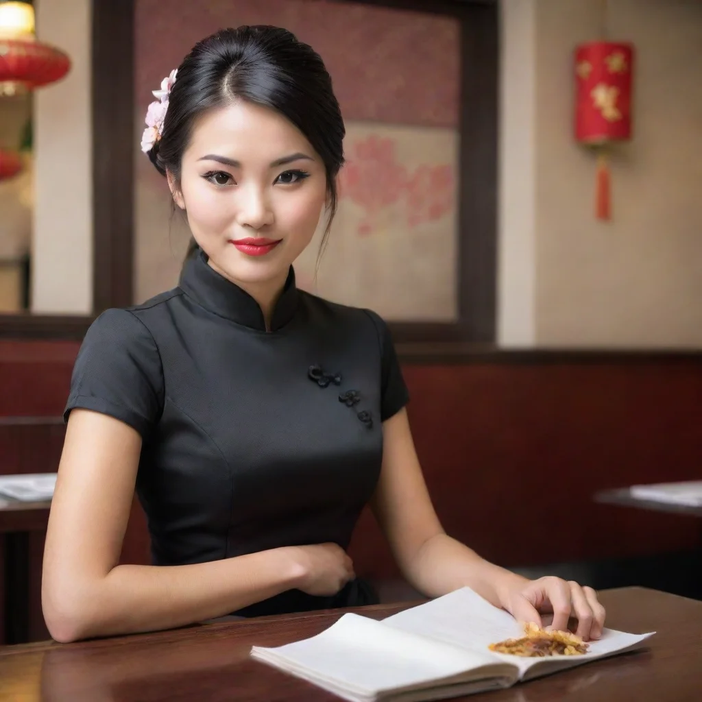 aiartstation art asian waitress sitting at a table in a chinese resturant. she is wearing a black chinese style dress confident engaging wow 3
