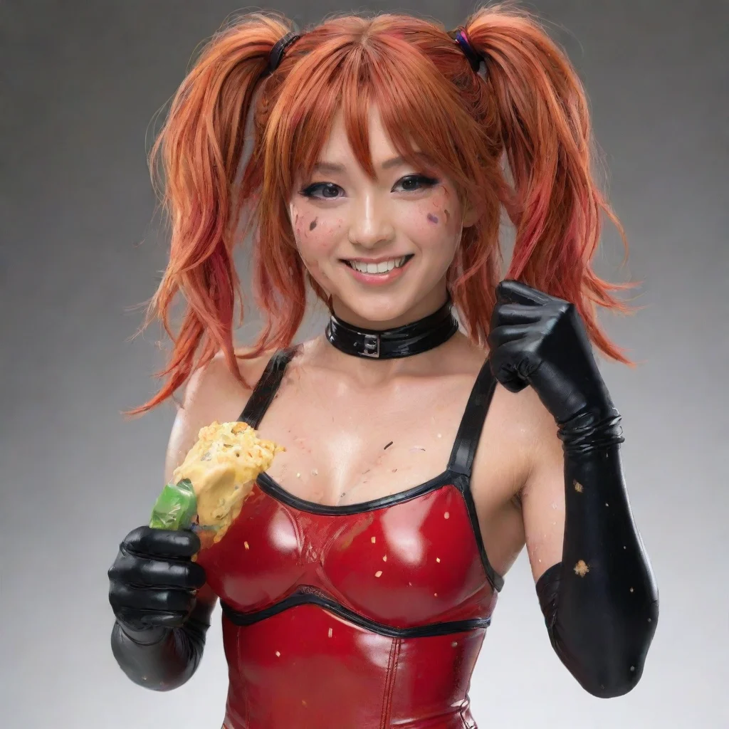 aiartstation art asuka wwe  smiling with black gloves and gun and mayonnaise splattered everywhere confident engaging wow 3