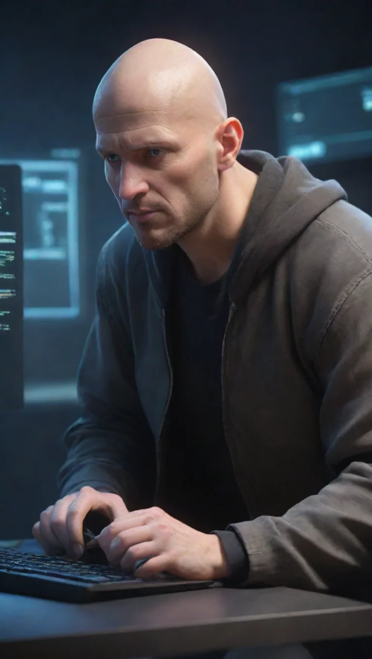 aiartstation art bald guy epic coding scene hacker screens everywhere tech confident engaging wow 3 tall