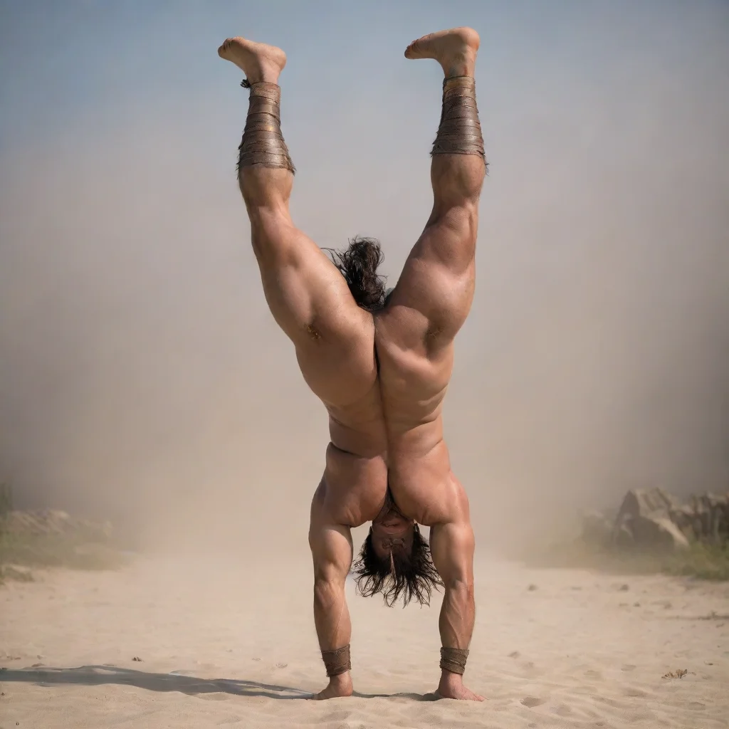 aiartstation art barbarian warrior makes a hand stand confident engaging wow 3