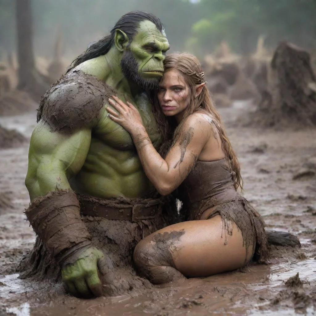 aiartstation art barbarian warrior princess and orc king cuddle in mud confident engaging wow 3