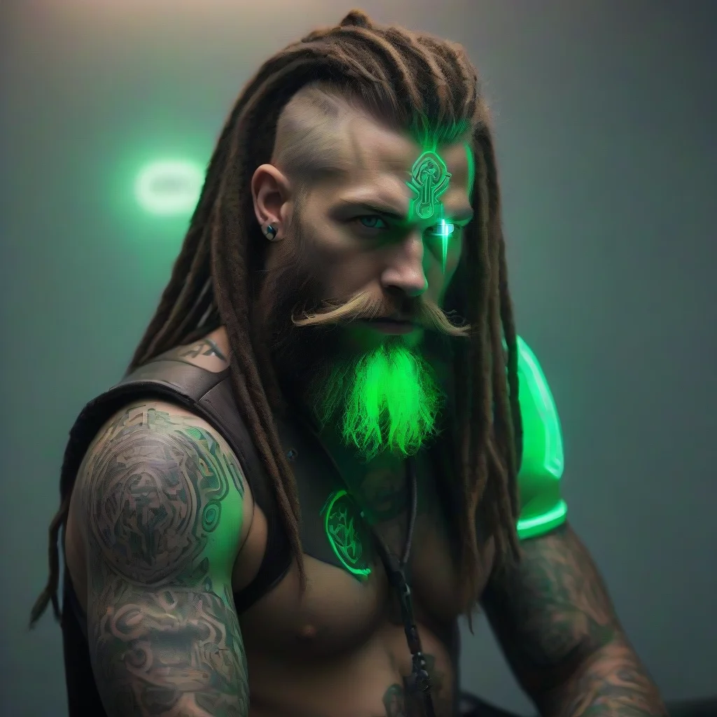 aiartstation art bearded dreadlocks cyberpunk neon viking green glow tattooed odin franzika axe confident engaging wow 3