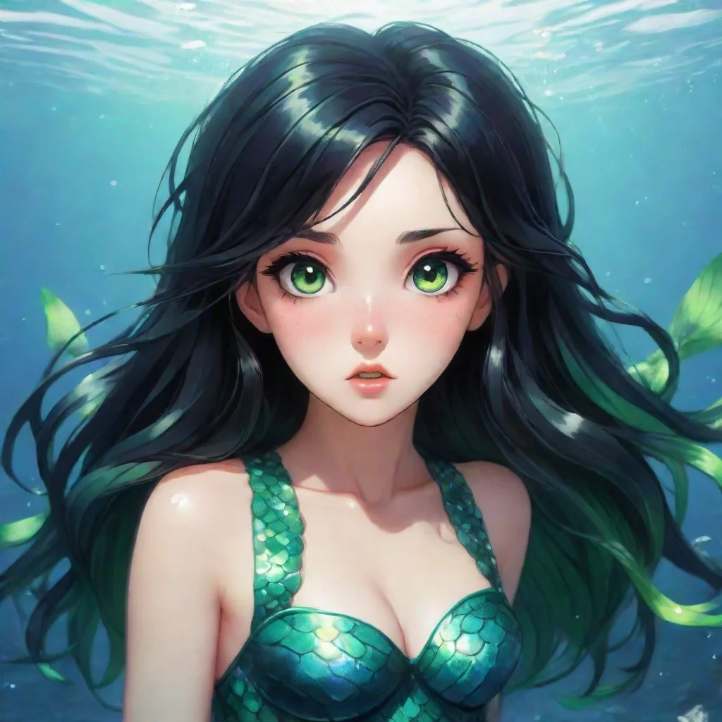 aiartstation art beautiful anime mermaid with black hair and green eyes shocked confident engaging wow 3