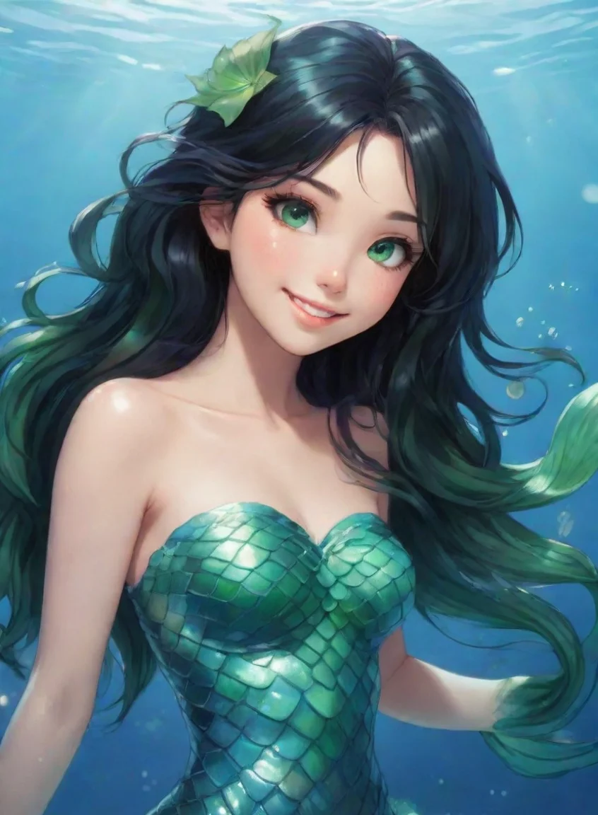 aiartstation art beautiful anime mermaid with black hair and green eyes smiling confident engaging wow 3 portrait43