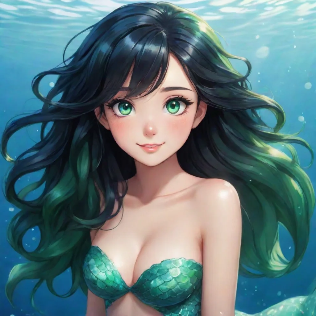 artstation art beautiful happy anime mermaid with black hair and and green eyes confident engaging wow 3