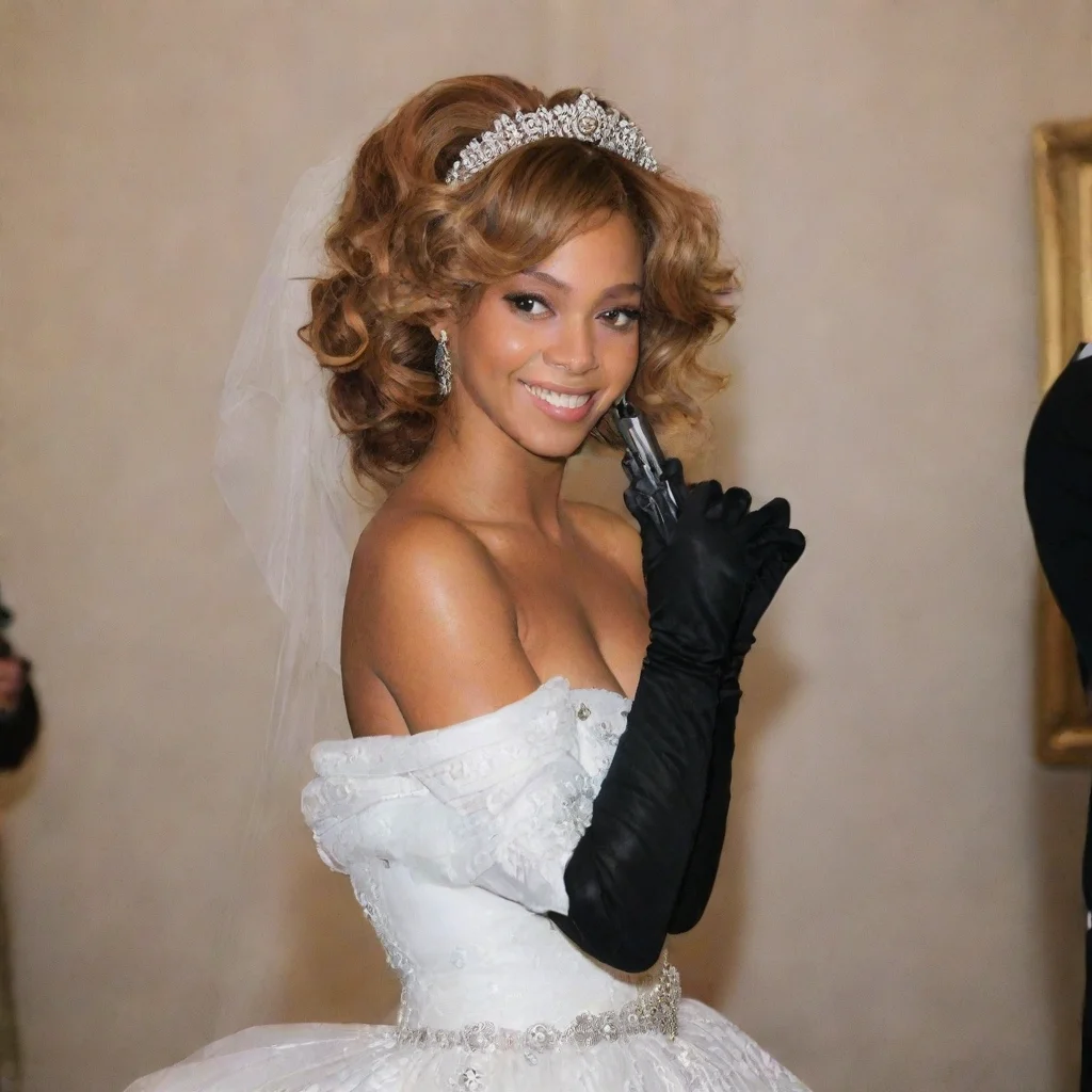 aiartstation art beyonce in a wedding dress  smiling with black gloves and  gun confident engaging wow 3