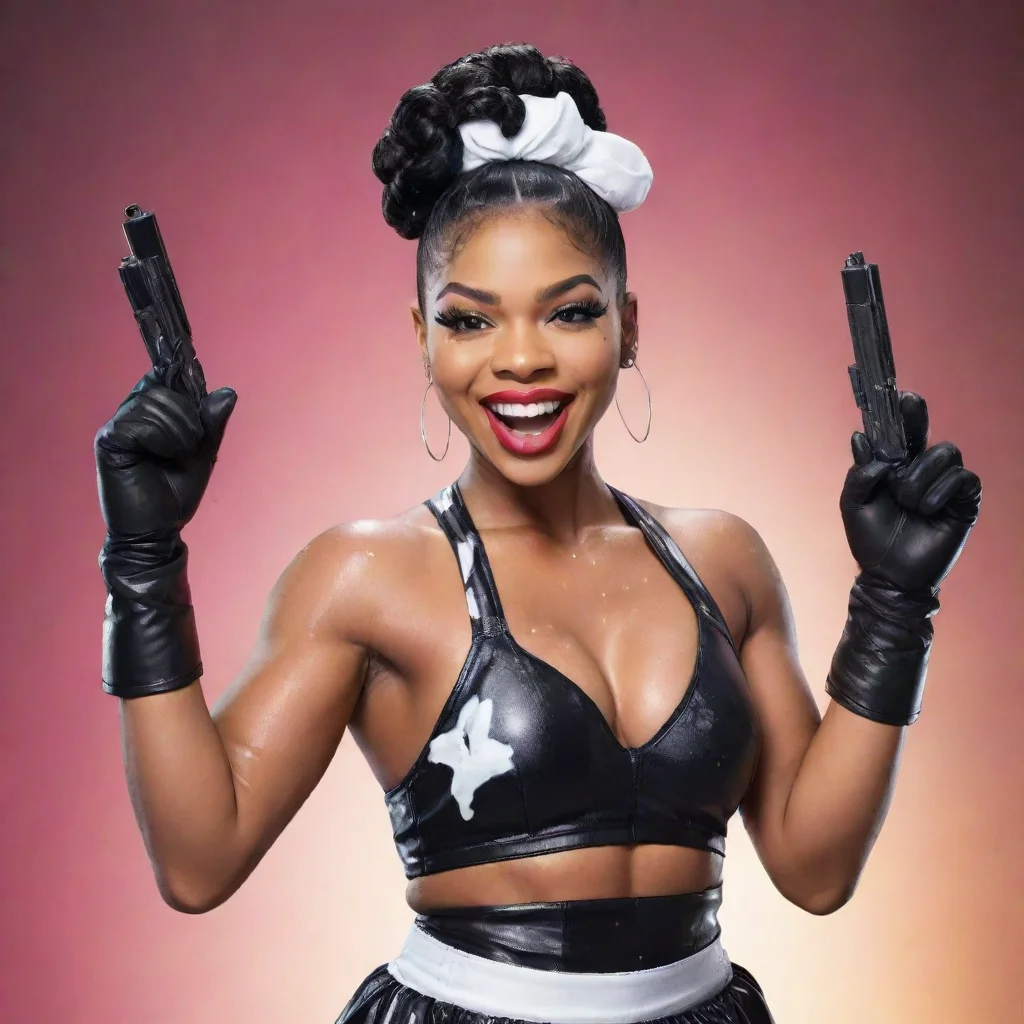 aiartstation art bianca belair smiling with black deluxe gloves and gun and mayonnaise splattered everywhere confident engaging wow 3