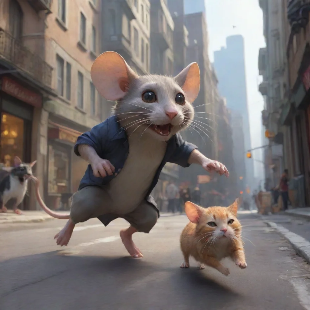 aiartstation art big mouse chasing a cat in a busy city street. the rats dominate and the cats serve. confident engaging wow 3