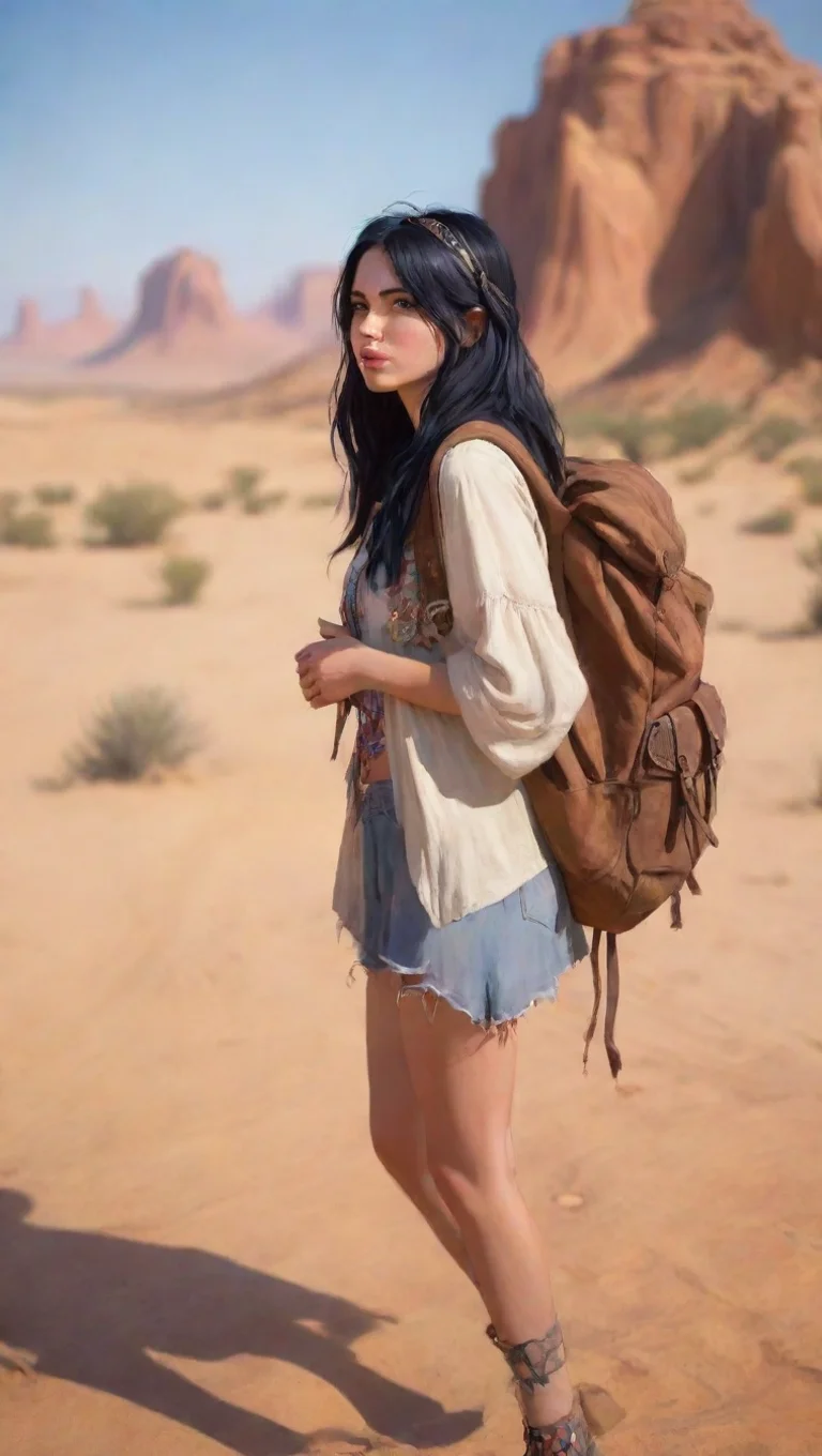 aiartstation art black haired hippie girl in the desert with backpack about to leave on a journey confident engaging wow 3 tall