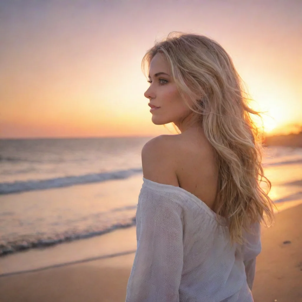 aiartstation art blonde woman on beach watching sunset confident engaging wow 3
