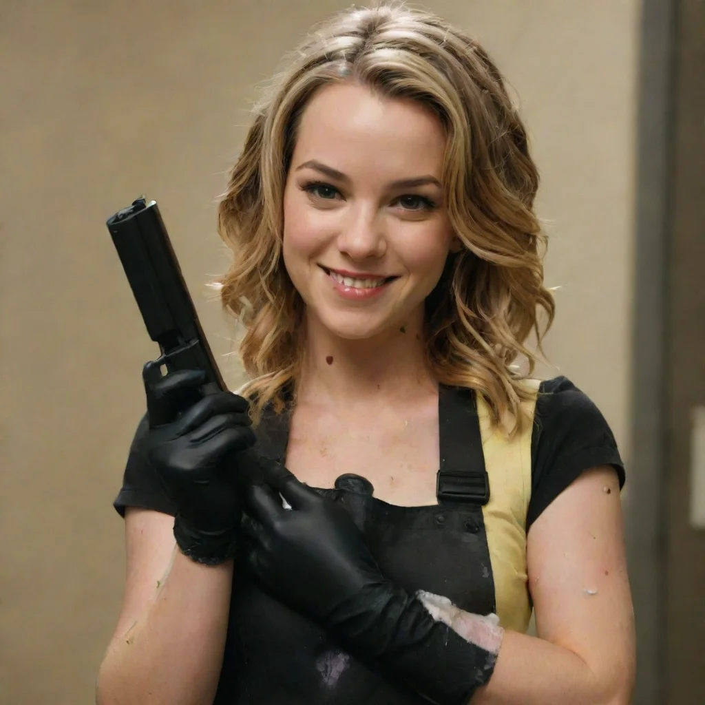 aiartstation art bridget mendler from lemonade  smiling with black nitrile gloves and gun and mayonnaise splattered everywhere confident engaging wow 3