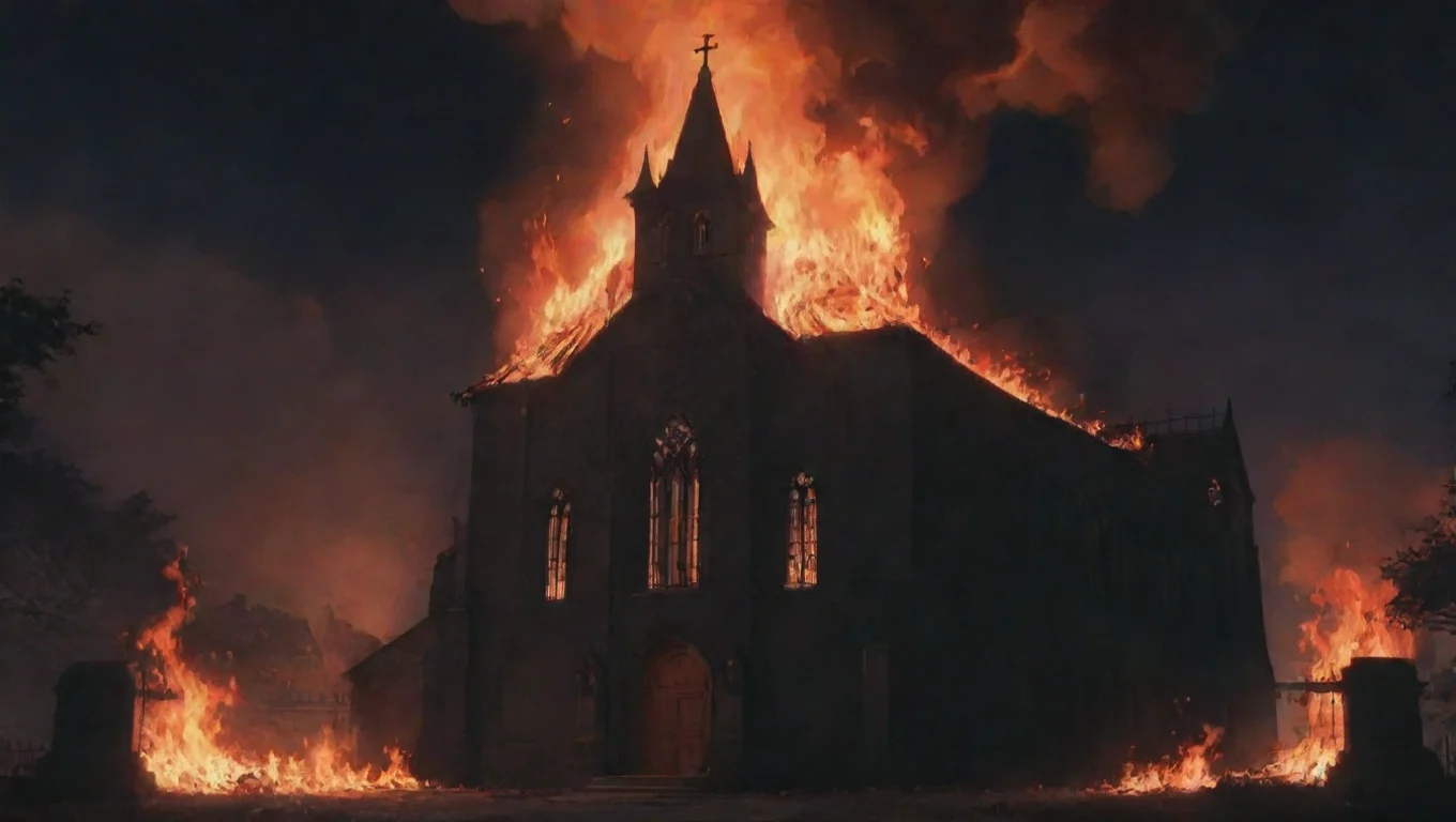 aiartstation art burning church hd ghibli anime aesthetic dark horror 1800 vibe confident engaging wow 3 widescreen