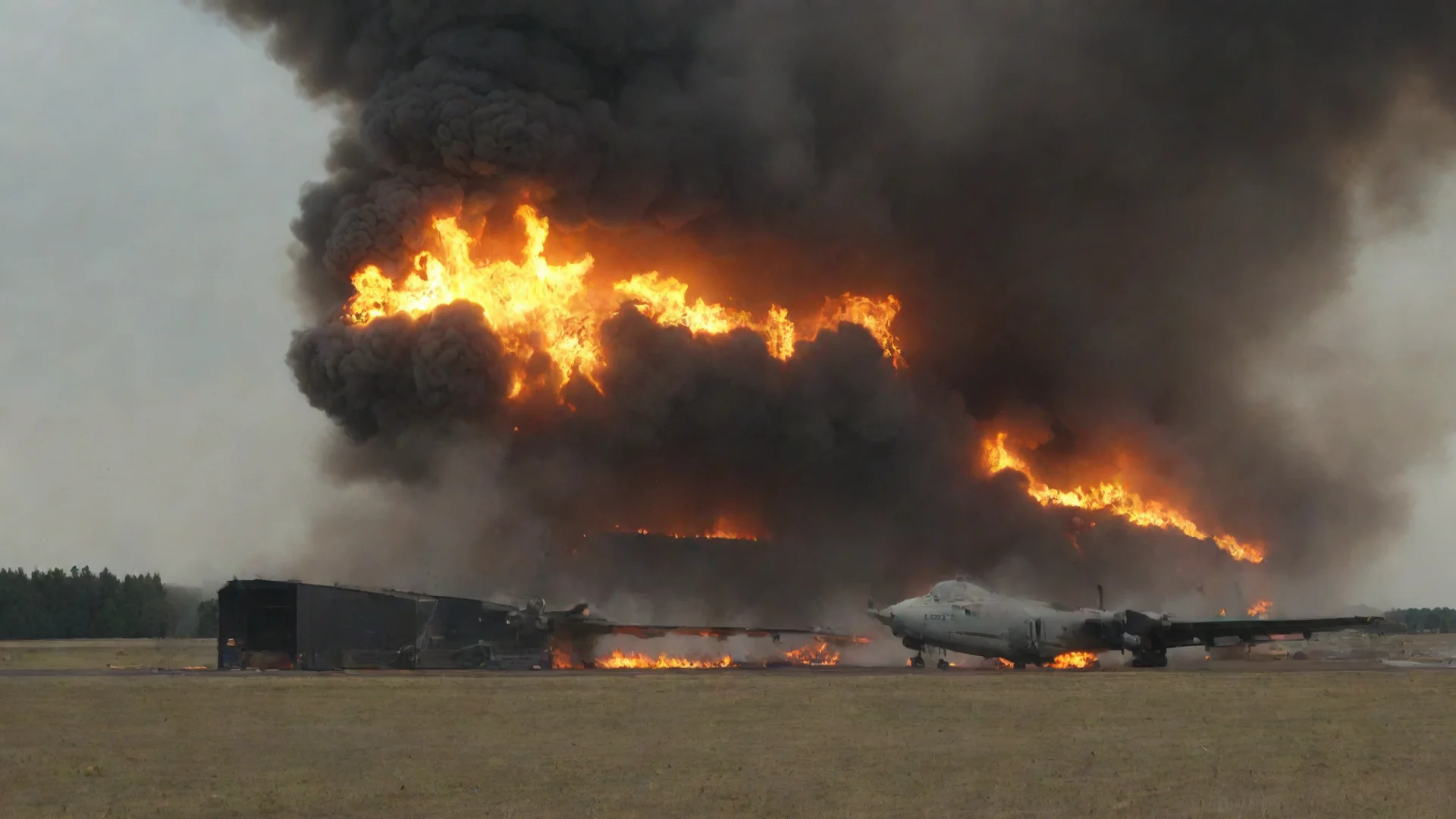 aiartstation art burning hangar with huge new aurplane in front confident engaging wow 3 wide