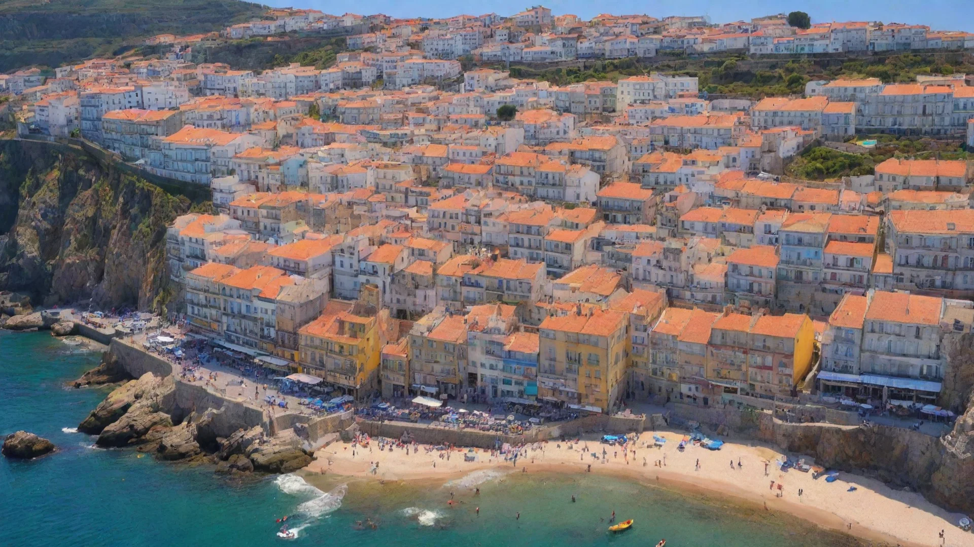 aiartstation art busy portuguese coastal town hd aesthetic best quality with strong vibrant colors confident engaging wow 3 wide