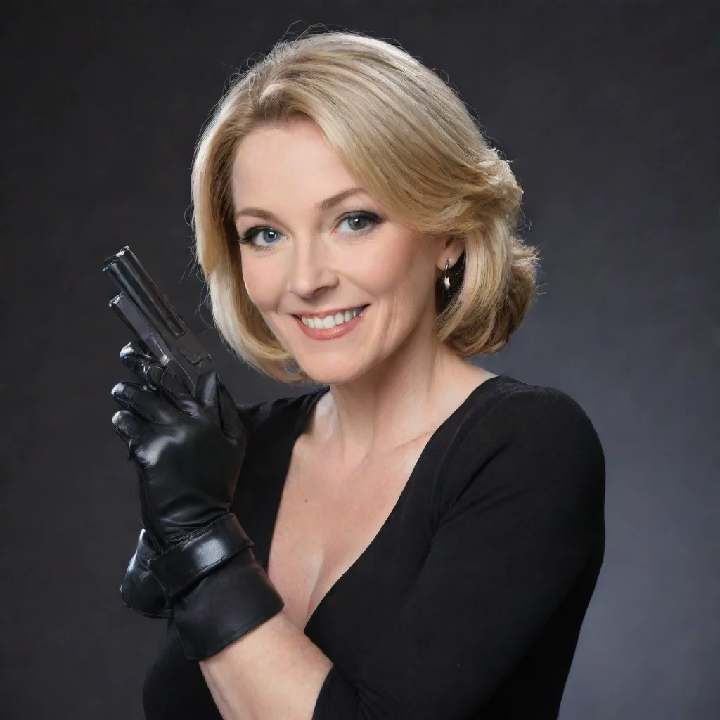 artstation art carolyn lawrence voice actress smiling with black gloves and  gun  confident engaging wow 3