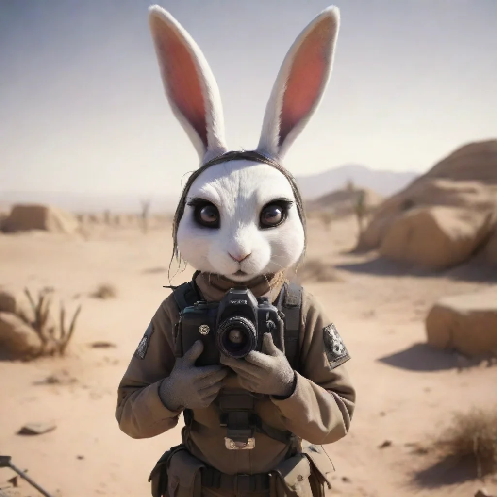 aiartstation art cartoon anthropomorphic emo rabbit woman in warzone desert with camera hd confident engaging wow 3