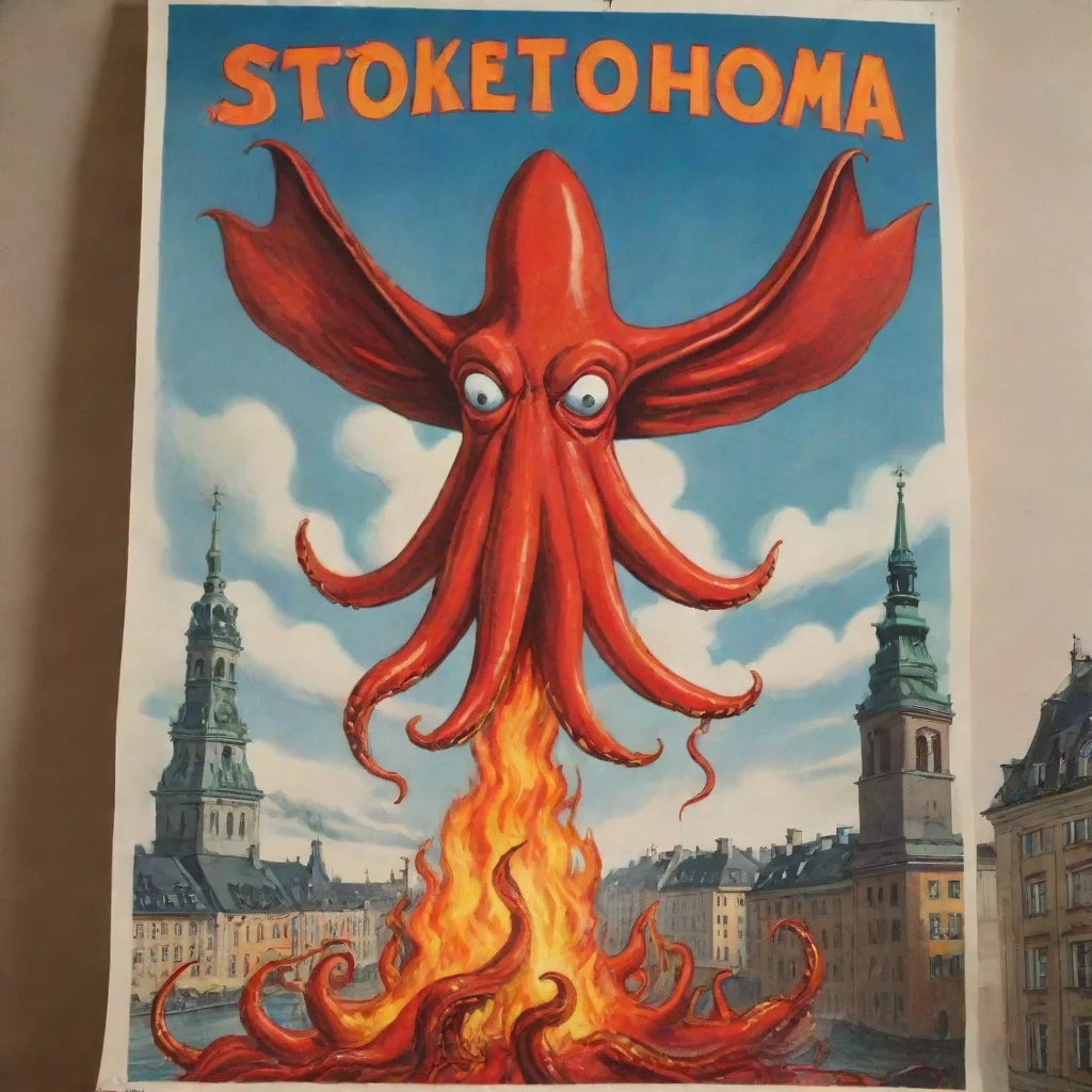 aiartstation art cartoon evil satanic squid flying over burning stockholm propaganda poster hd confident engaging wow 3