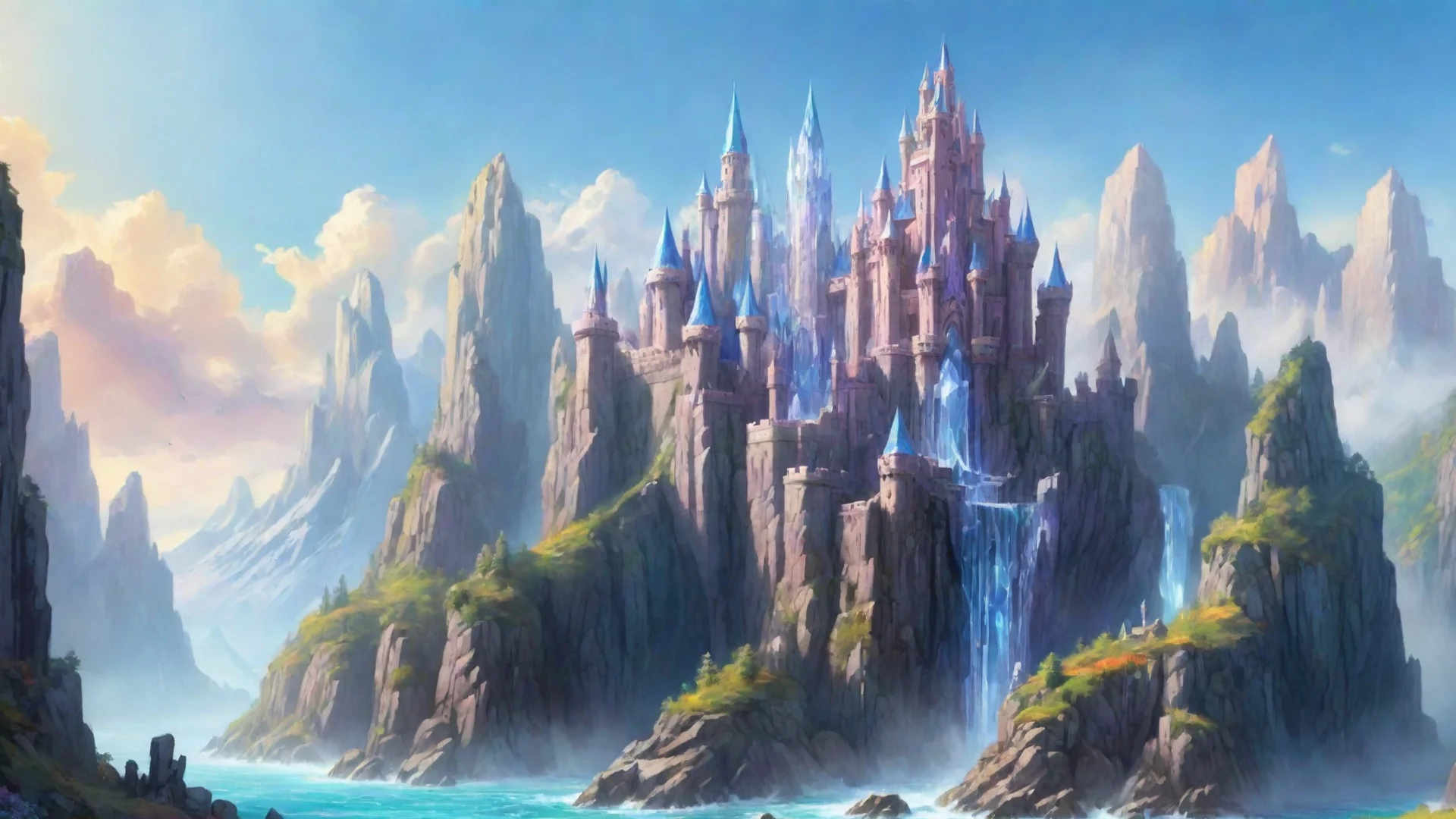 aiartstation art castle fantasy landscape with giant crystal build on giant crystal cliffs bright colors fantasy confident engaging wow 3 wide