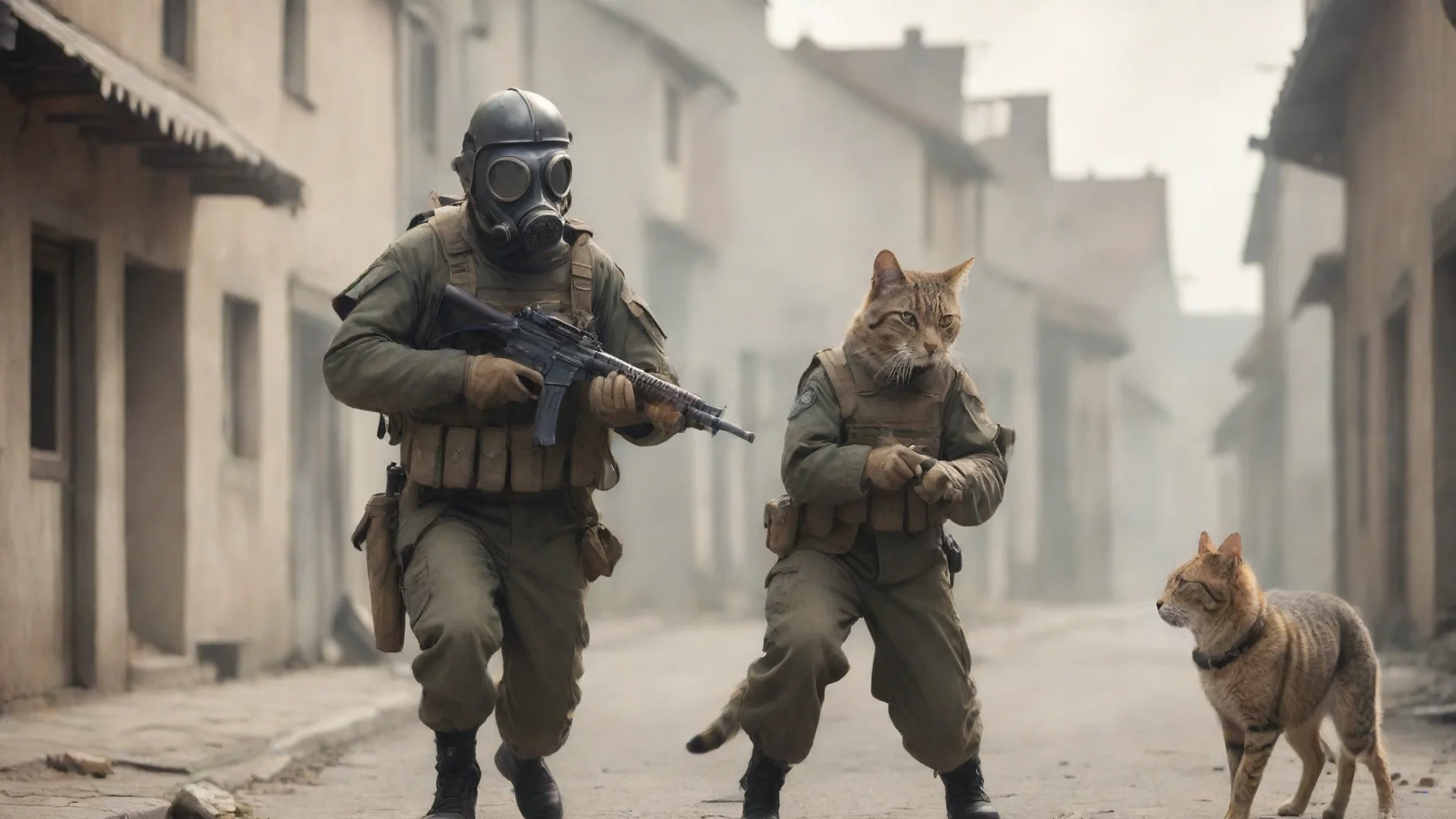 aiartstation art cat soldier with gas mask shooting dog soldier in a small town confident engaging wow 3 wide